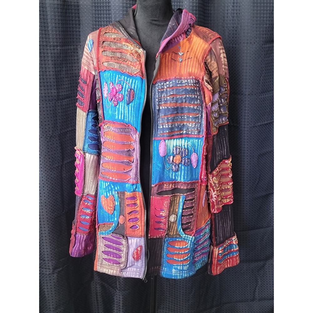 Handmade Nepal Patchwork Razor Cut Hoodie Jacket Multicolor Boho XL Cotton